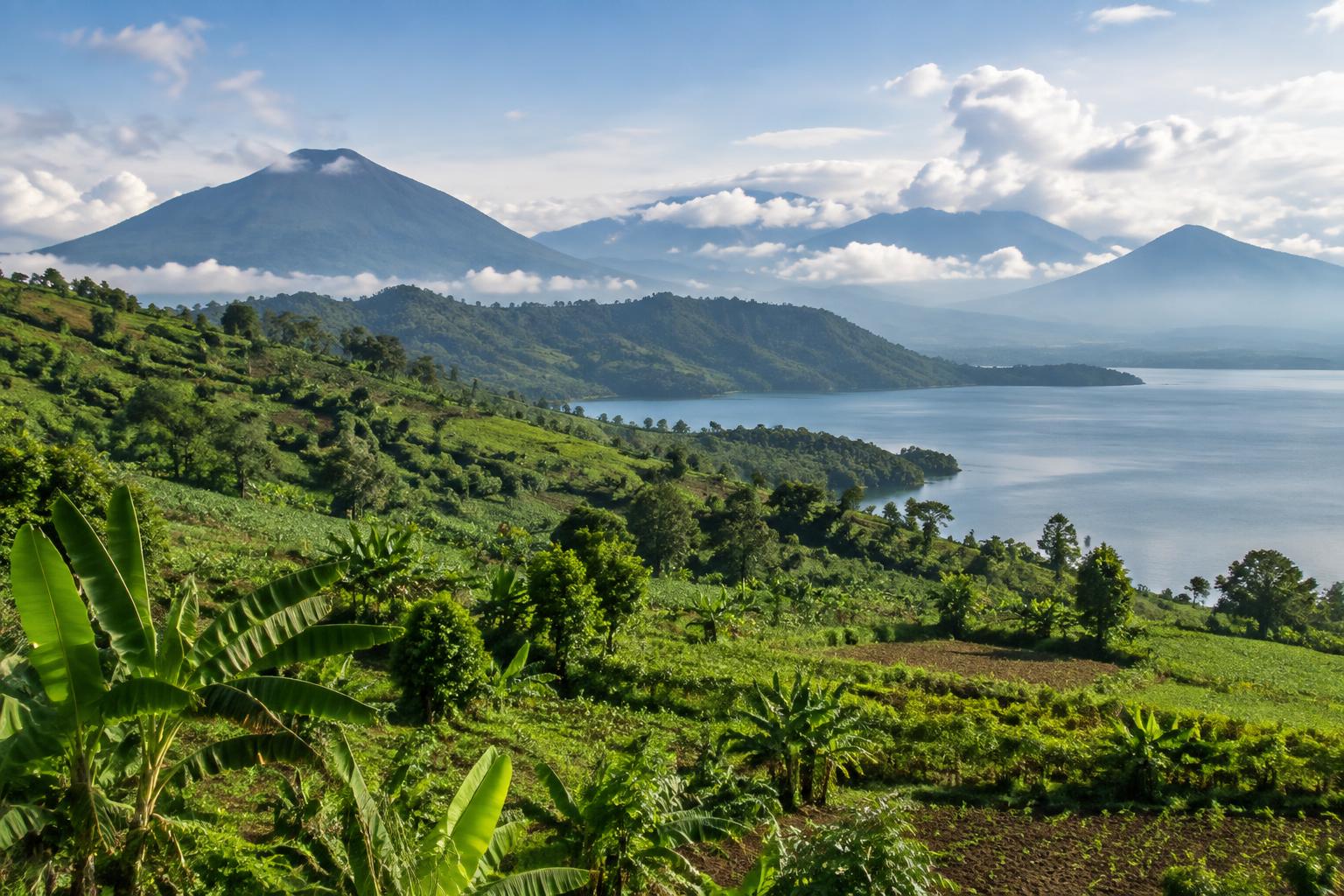 Lake Kivu, volcanic highlands and cultivated landscape near Goma